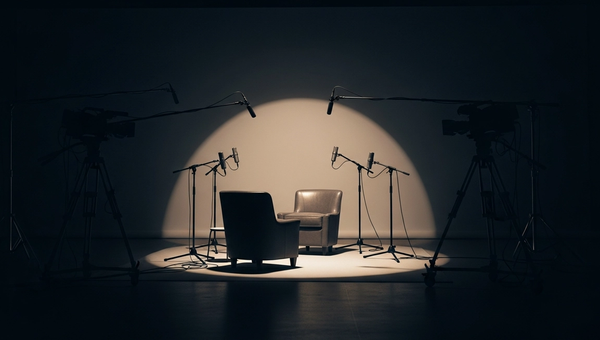 Moody dark media interview setup with dramatic spotlight