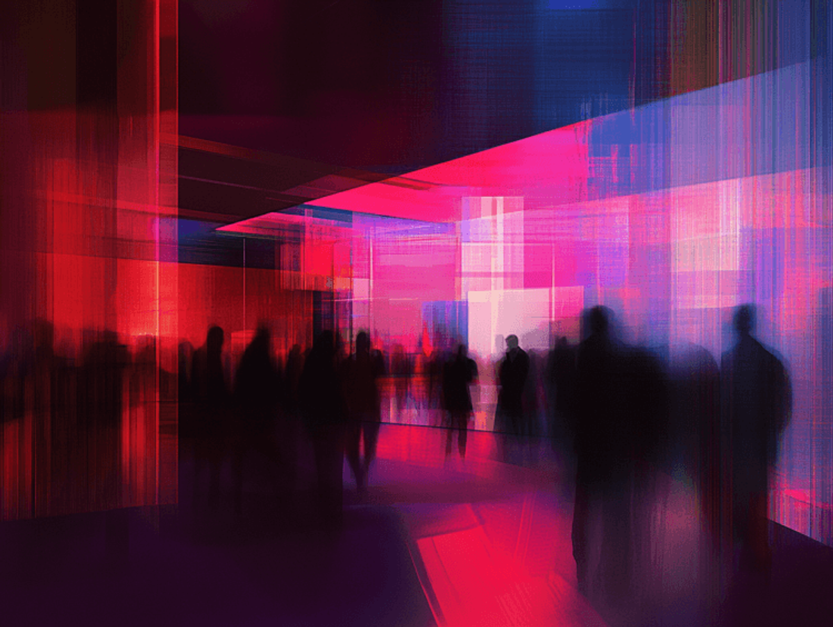 Abstract silhouette figures in vibrant, colorful room