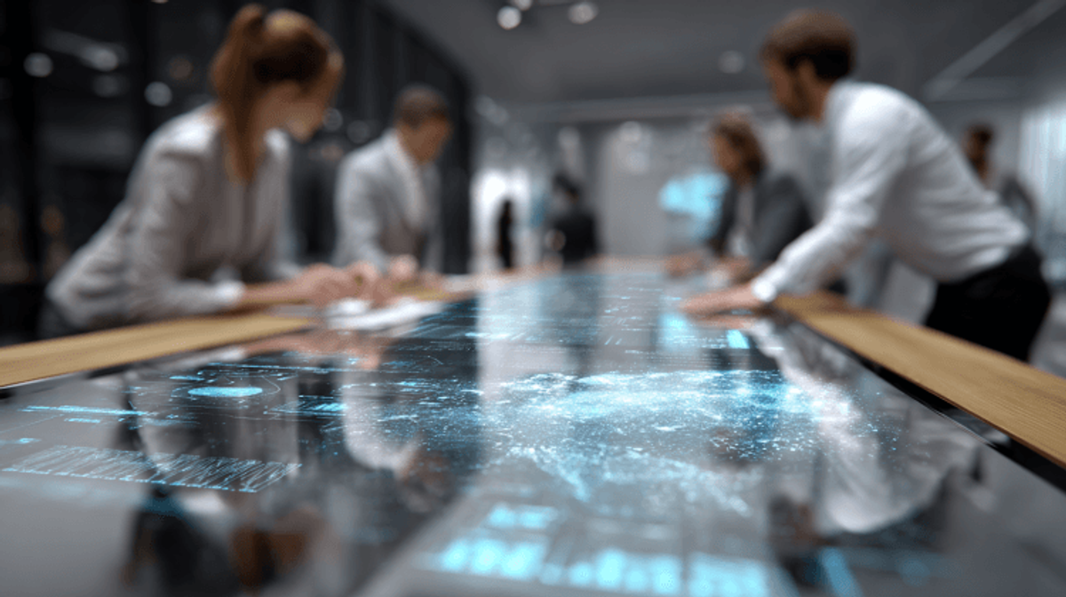 People discussing data at interactive digital table.