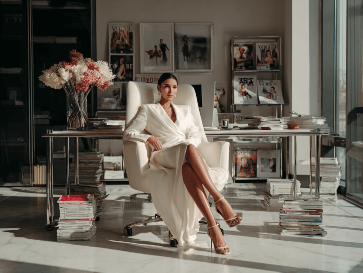 Woman in elegant office with magazines and flowers.