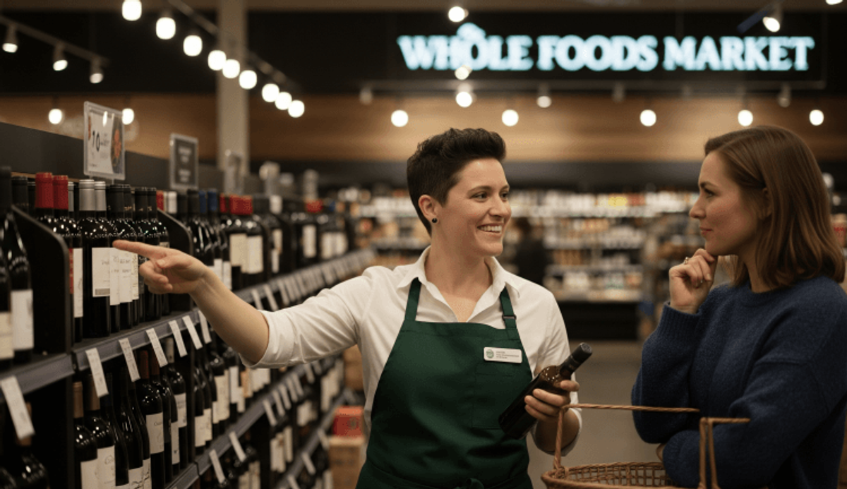 Employee assisting customer in wine aisle.