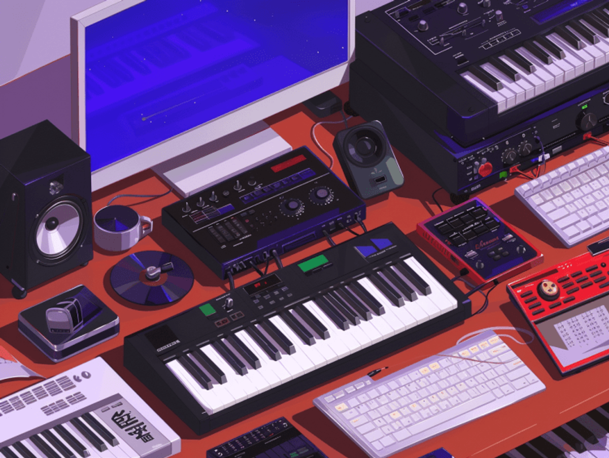 Electronic music studio setup with synthesizers and keyboards.