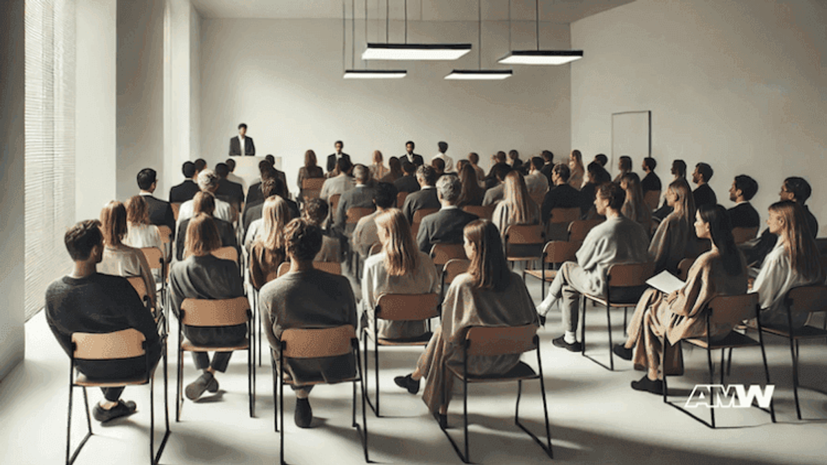 Audience listening to a speaker in a conference room.