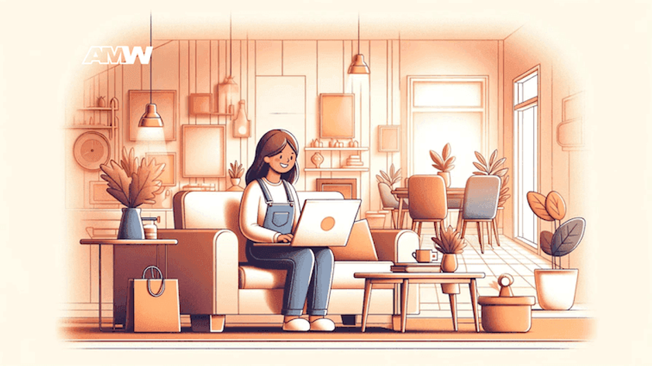 Illustration of a woman with a laptop on a sofa in a warm peach-toned living room, with a shopping bag and plants around her