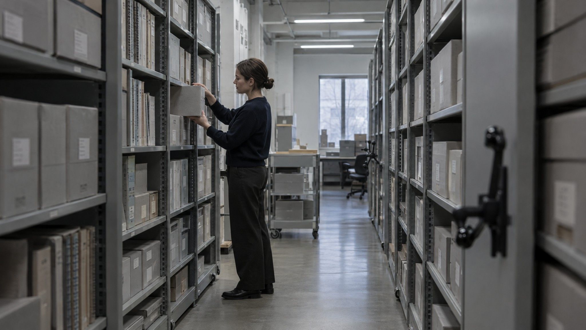 Archive aisle between rolling shelves of grey boxes
