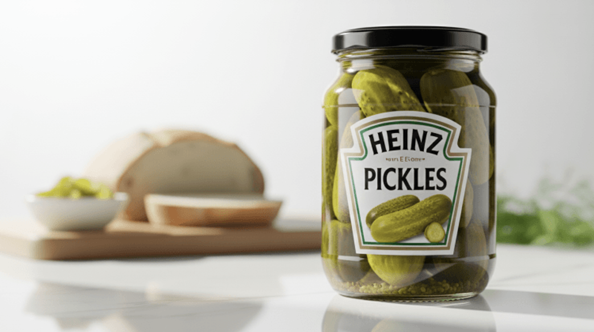 Jar of Heinz pickles with bread in background