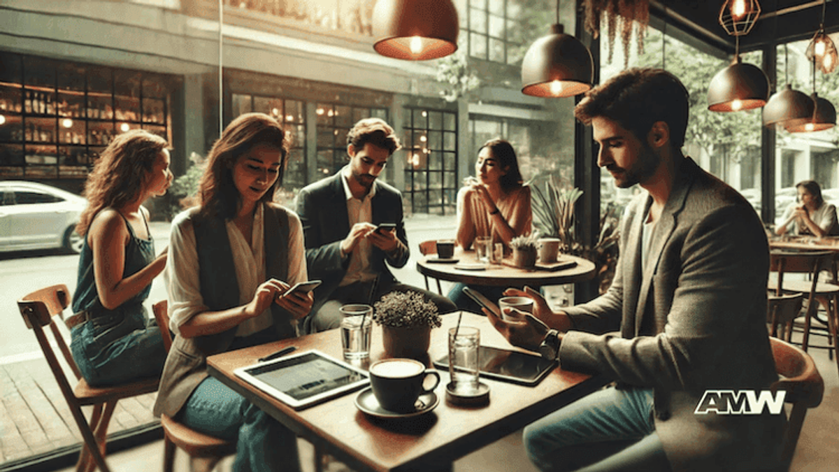 People working on laptops and phones in a cafe.