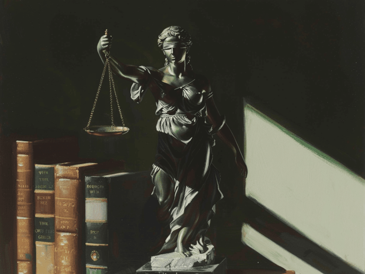 Justice statue with scales and law books