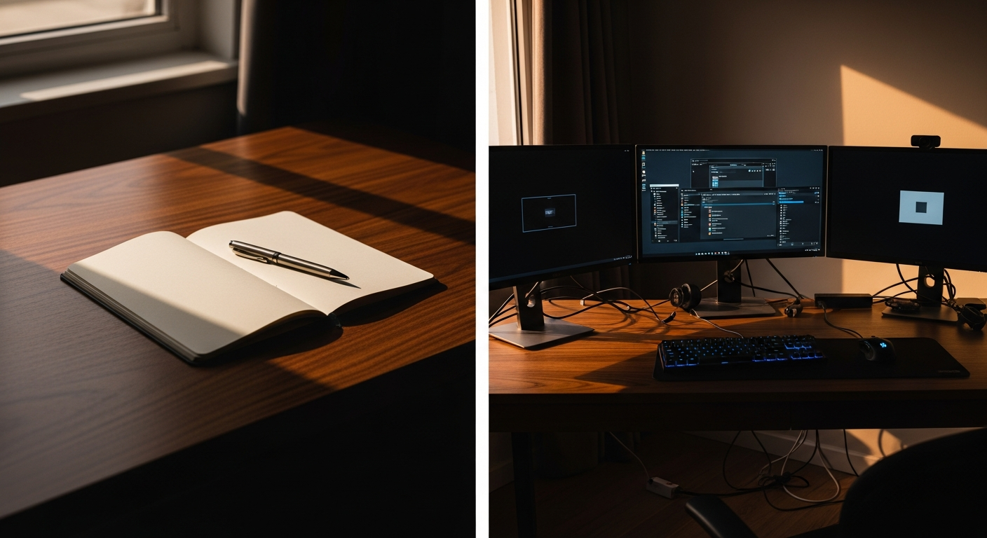 Contrasting minimal and multi-screen workspaces representing consultant versus agency approaches