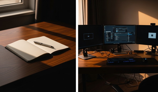 Contrasting minimal and multi-screen workspaces representing consultant versus agency approaches