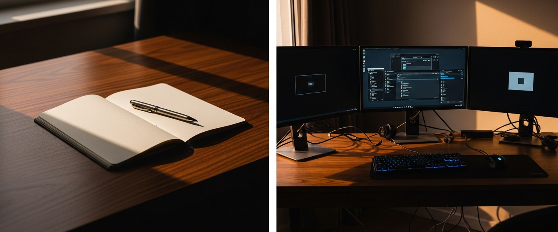 Contrasting minimal and multi-screen workspaces representing consultant versus agency approaches