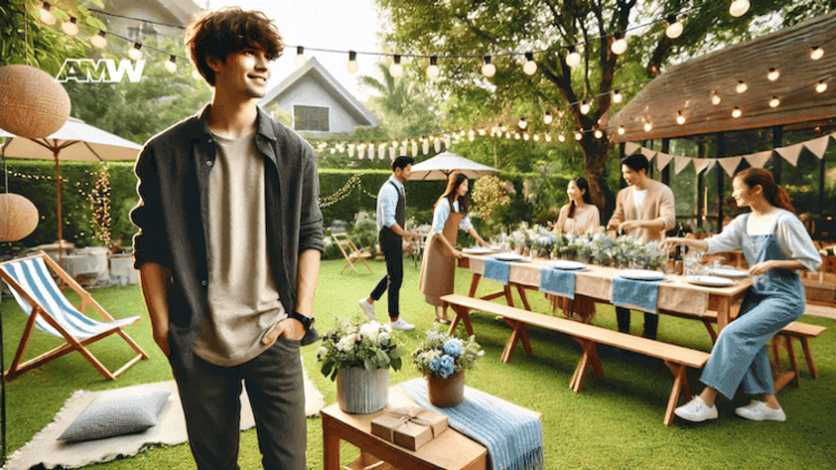 Outdoor garden party with friends setting the table.