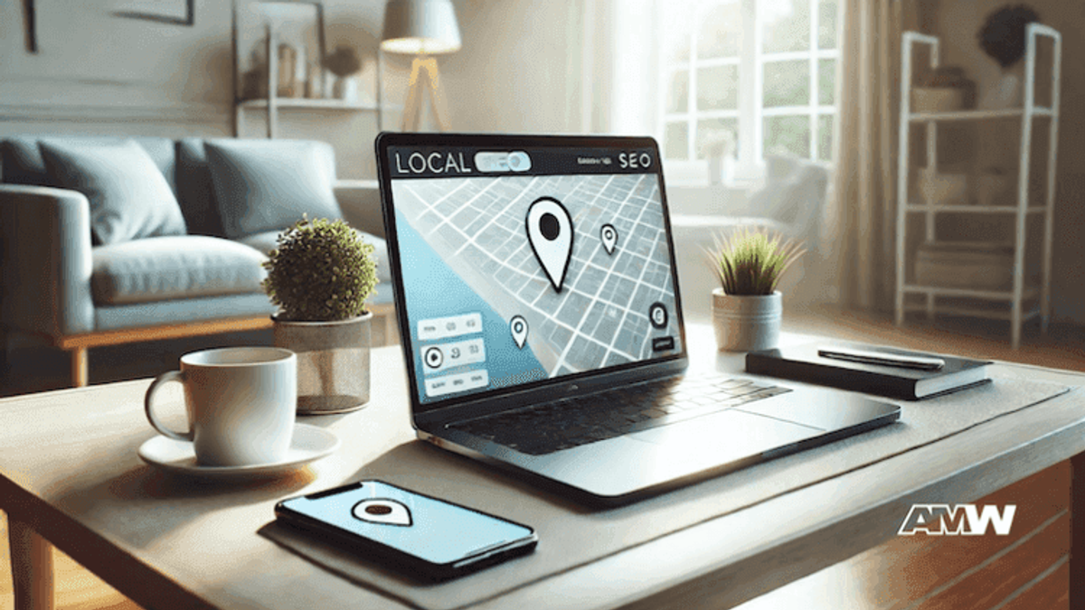 Laptop and phone displaying local SEO map.
