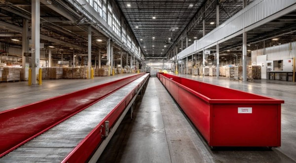 Industrial warehouse with red conveyor belts