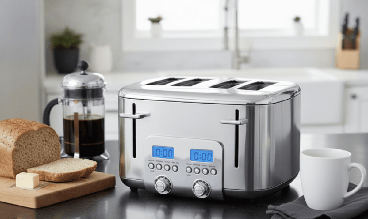 Four-slice toaster with bread and coffee press.