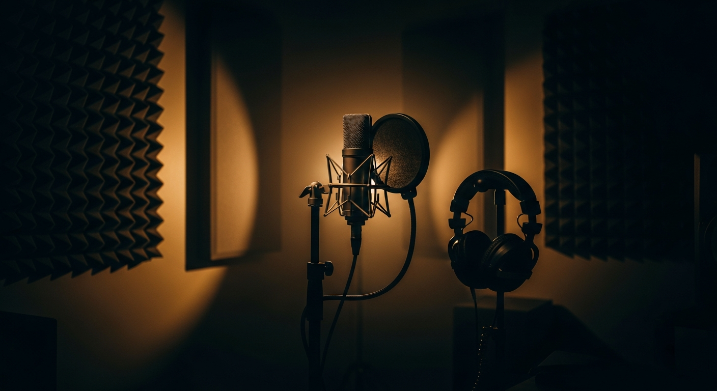Professional podcast recording studio with microphone and equipment
