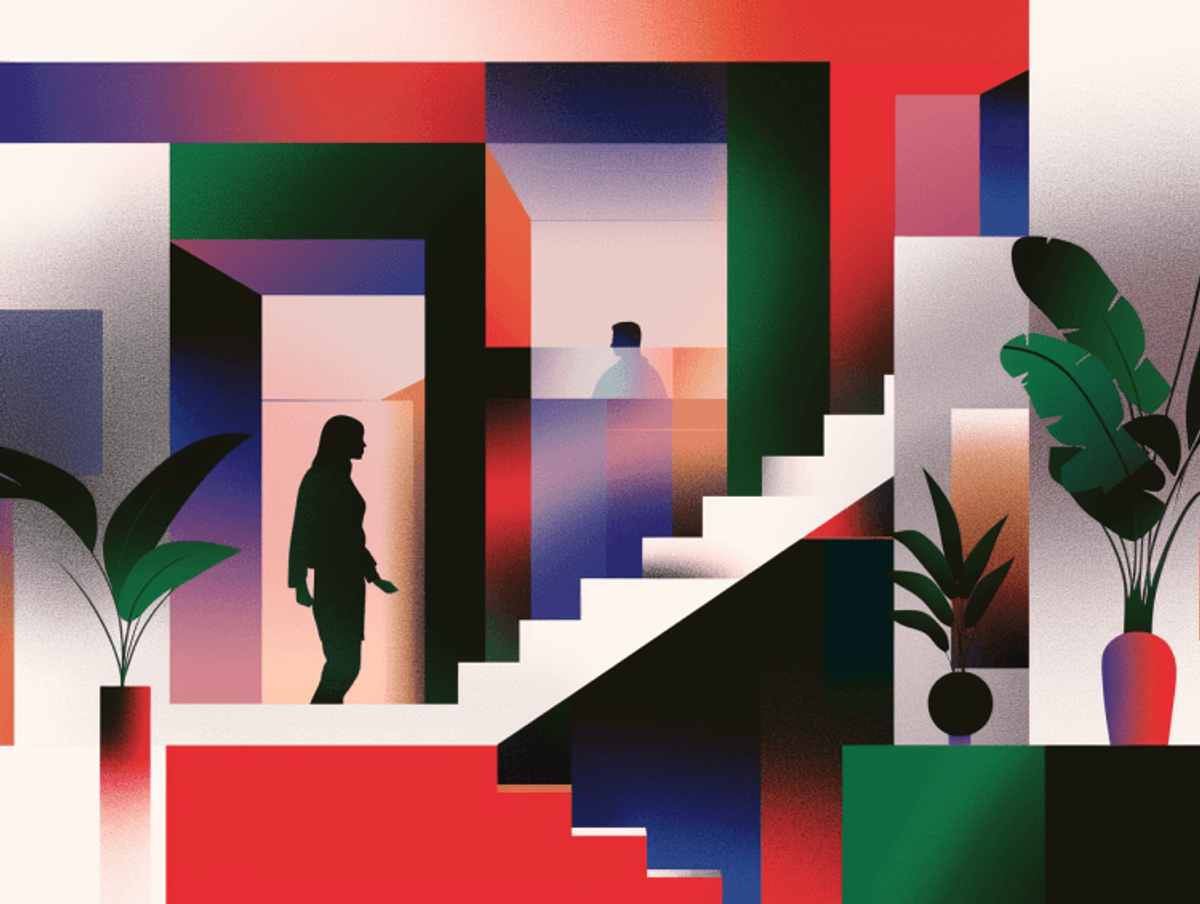 Colorful abstract interior art with plants and silhouettes.