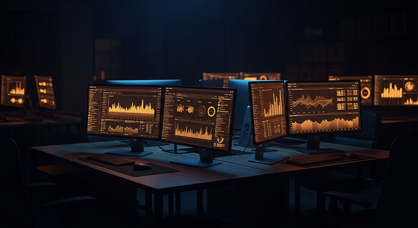 Computer monitors displaying analytics dashboards in dark office with warm amber lighting