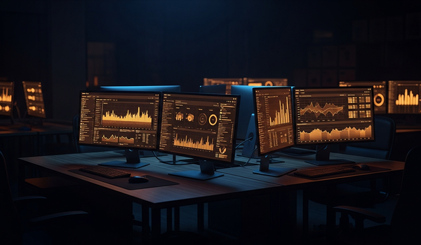 Computer monitors displaying analytics dashboards in dark office with warm amber lighting
