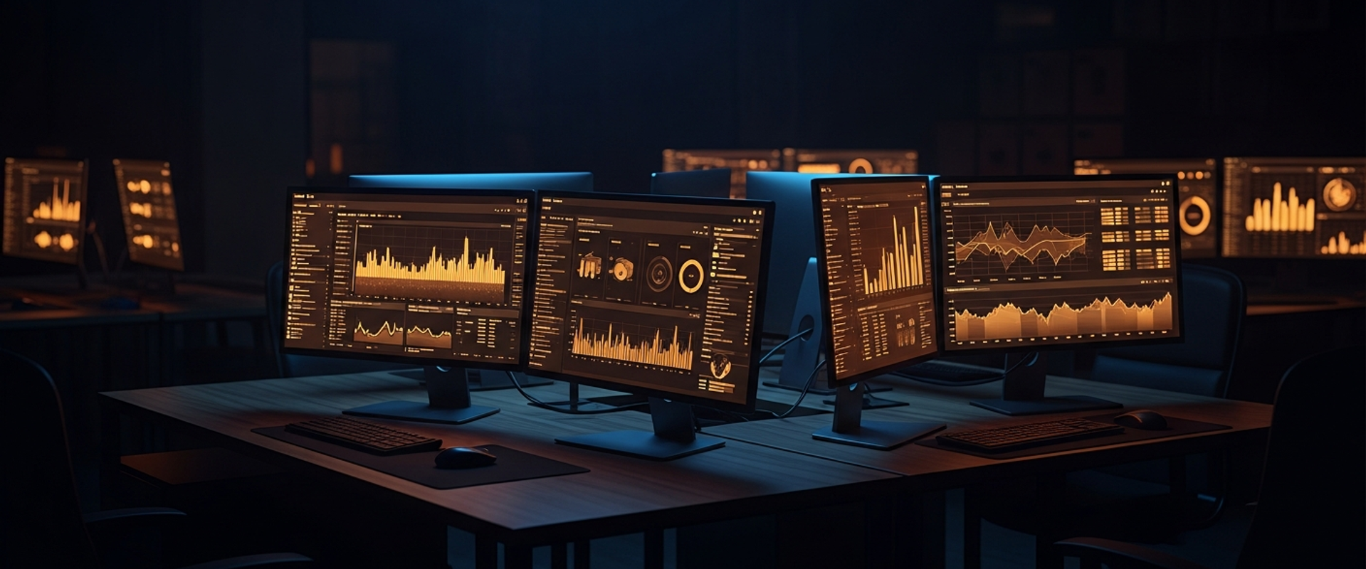 Computer monitors displaying analytics dashboards in dark office with warm amber lighting