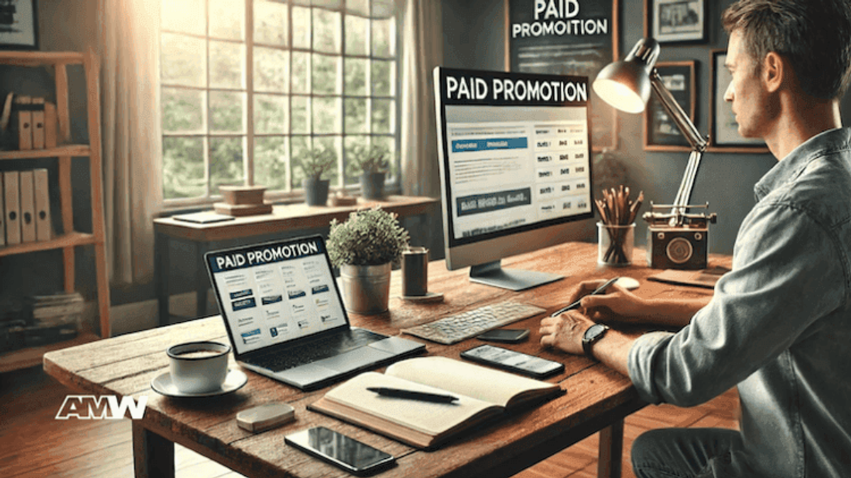 Man working at desk with paid promotions displayed