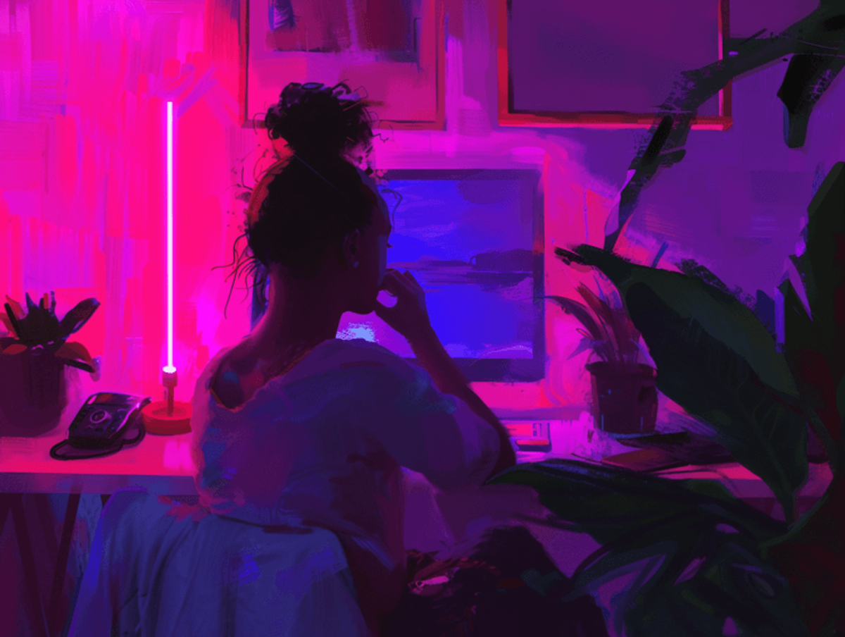 Woman in pink-lit room, sitting at desk, thinking.