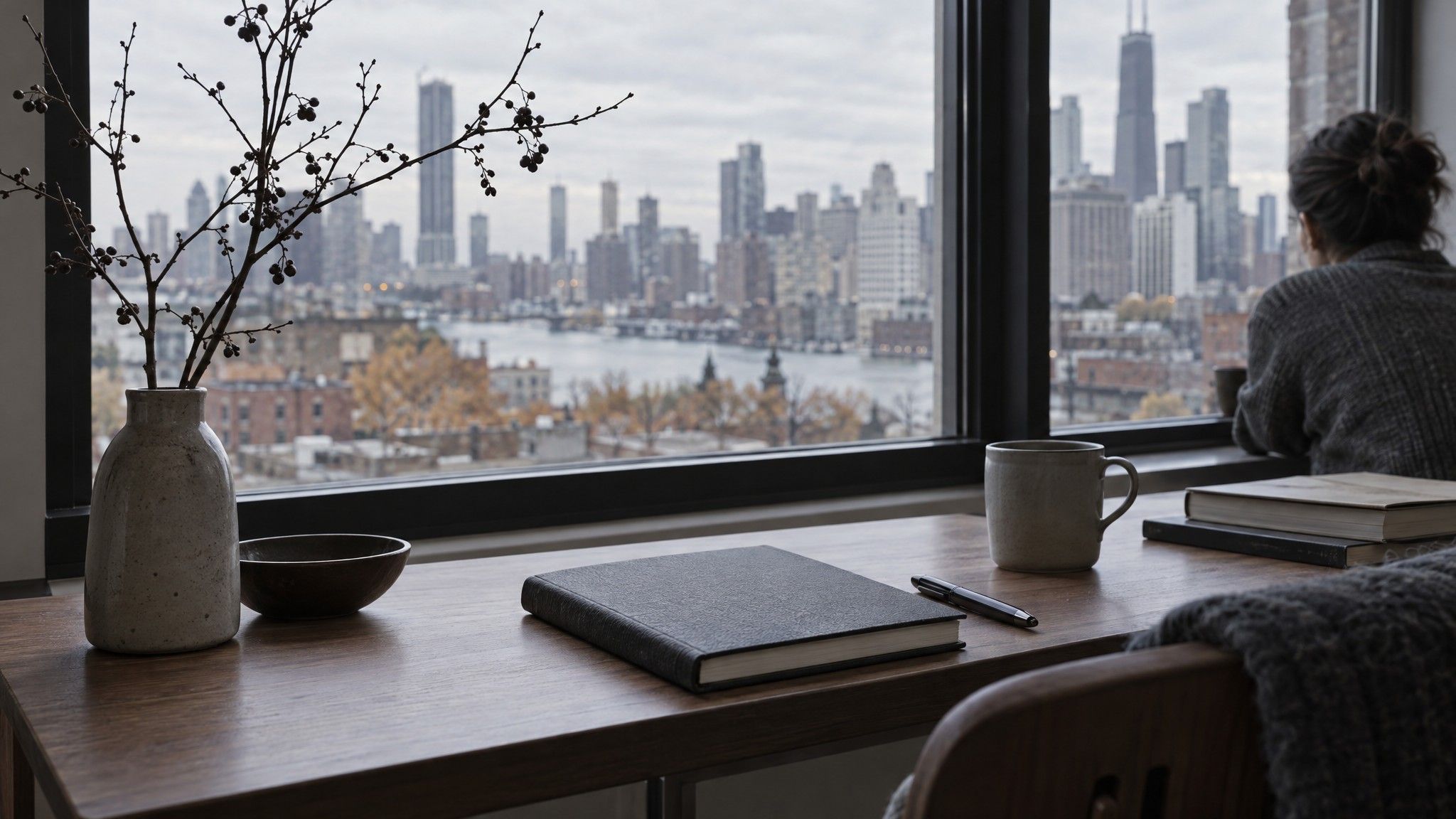 Closed paper planner and pen beside a bare branch in a vase