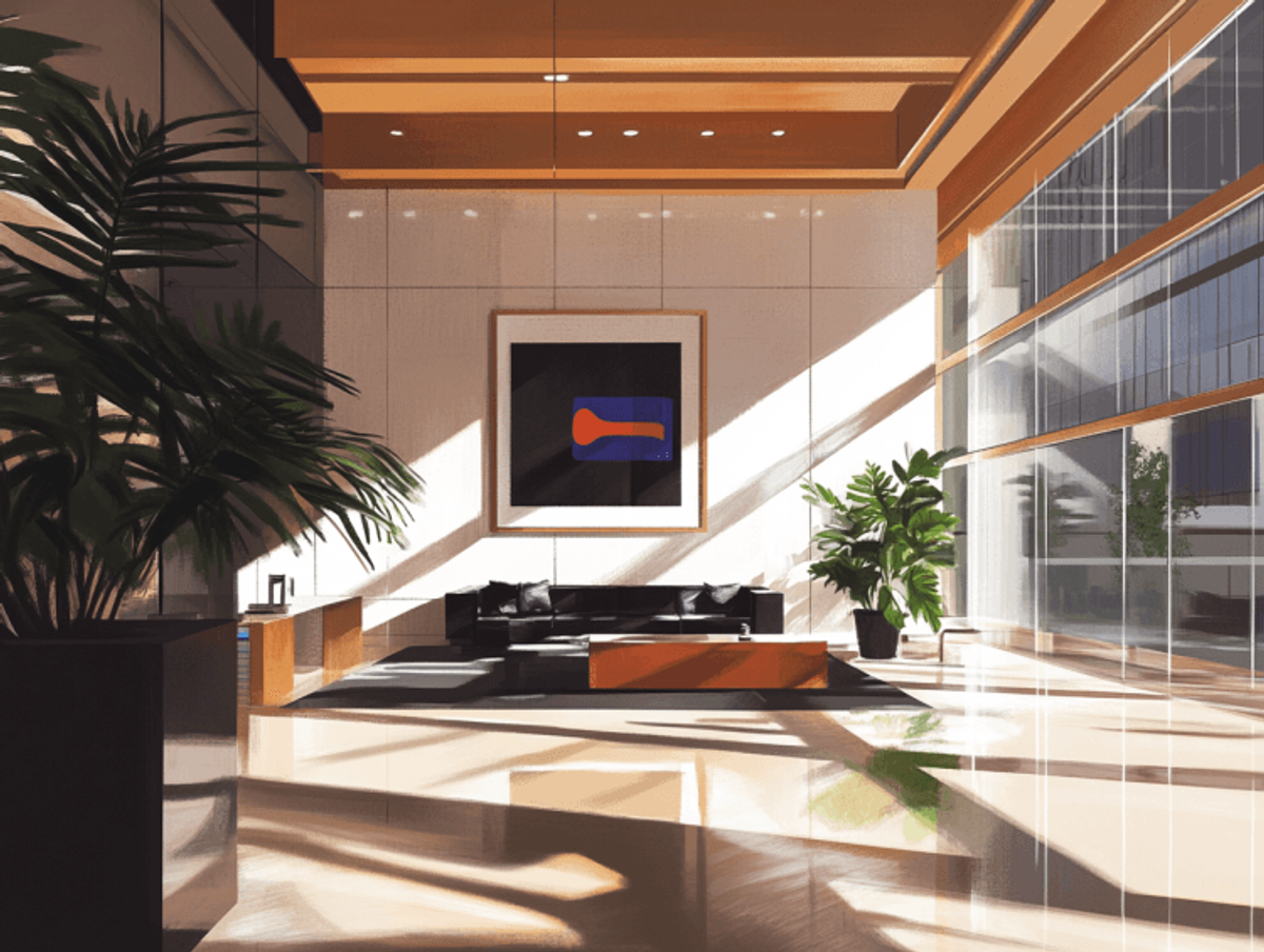 Modern office lobby with plants and sunlight