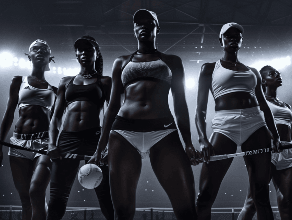 Five women pose with sports equipment on a field.