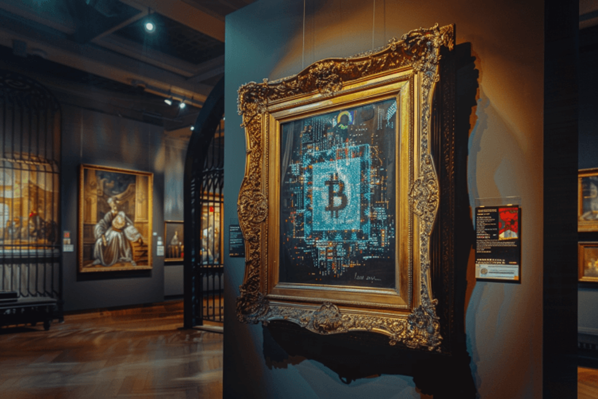Framed Bitcoin artwork in modern museum gallery.