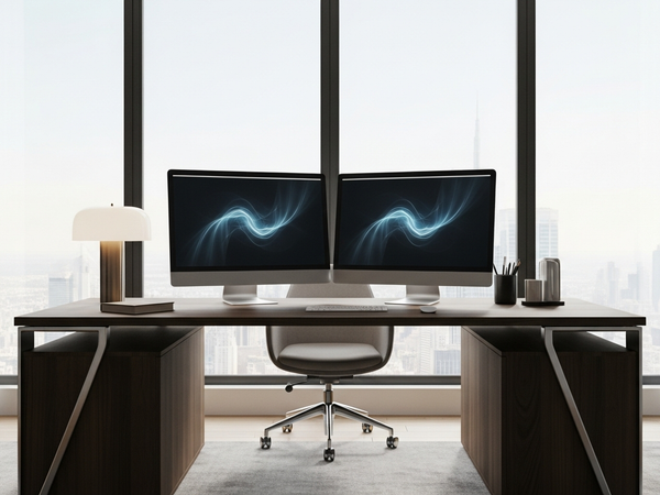 Social media management services - modern workspace with city views