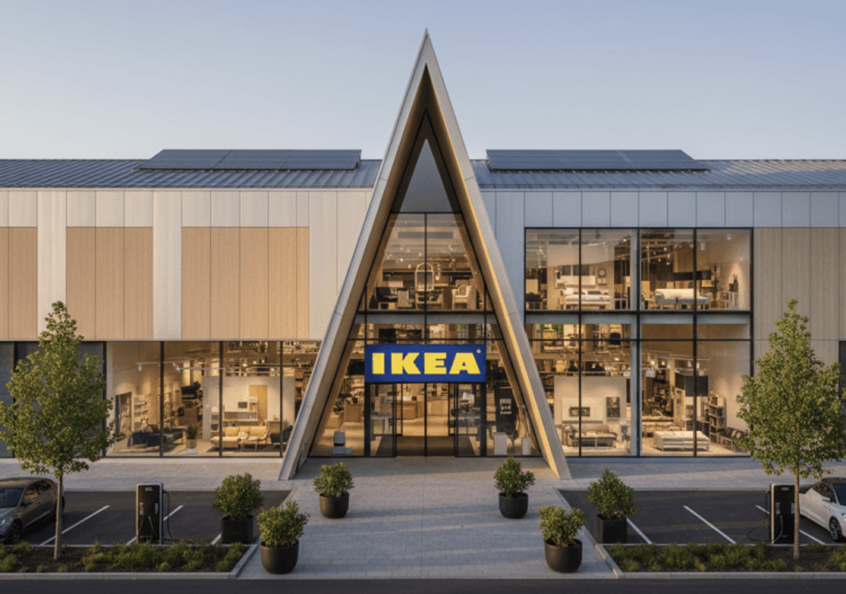Modern IKEA store exterior with A-frame design.