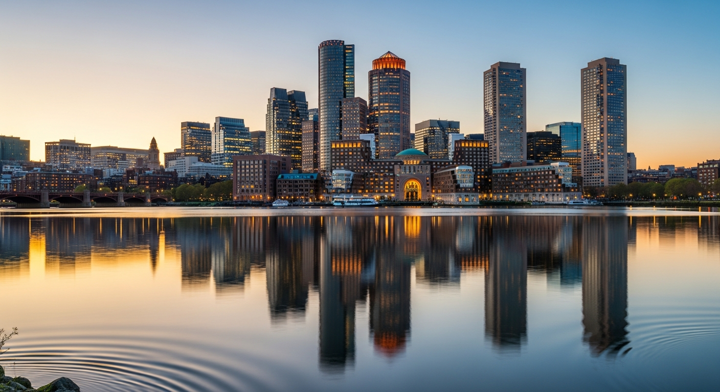 Boston skyline reflected in the Charles River at golden hour - Investor Relations in Boston
