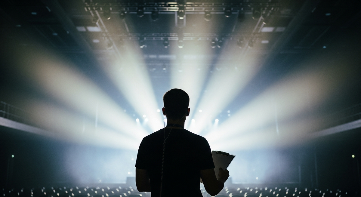 Silhouette of event coordinator with earpiece directing setup in a dramatic backlit venue