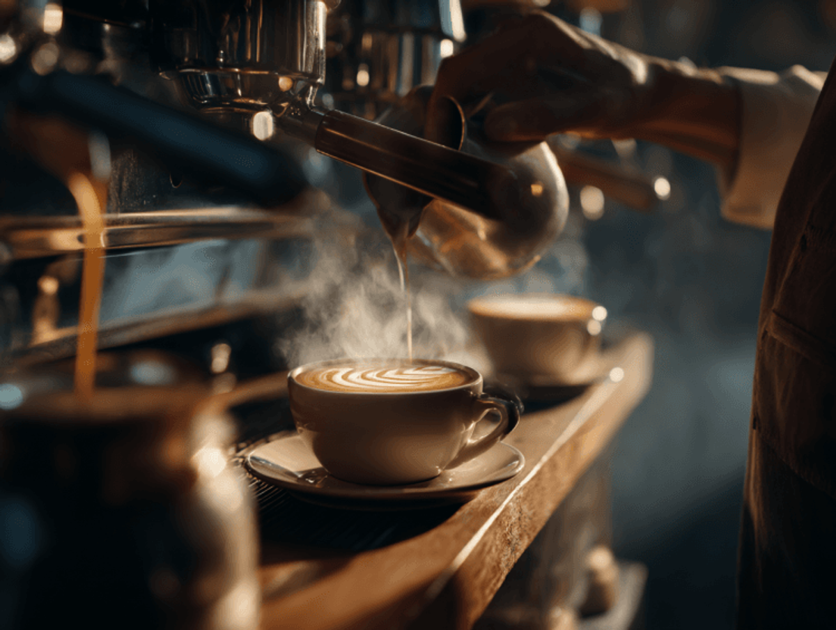 Barista making latte art on steaming coffee.