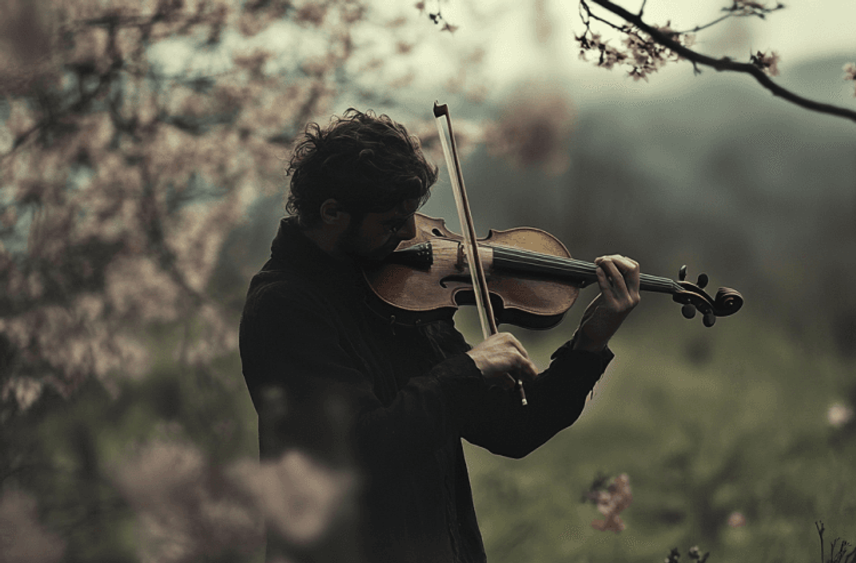 Person playing violin outdoors among blooming trees.