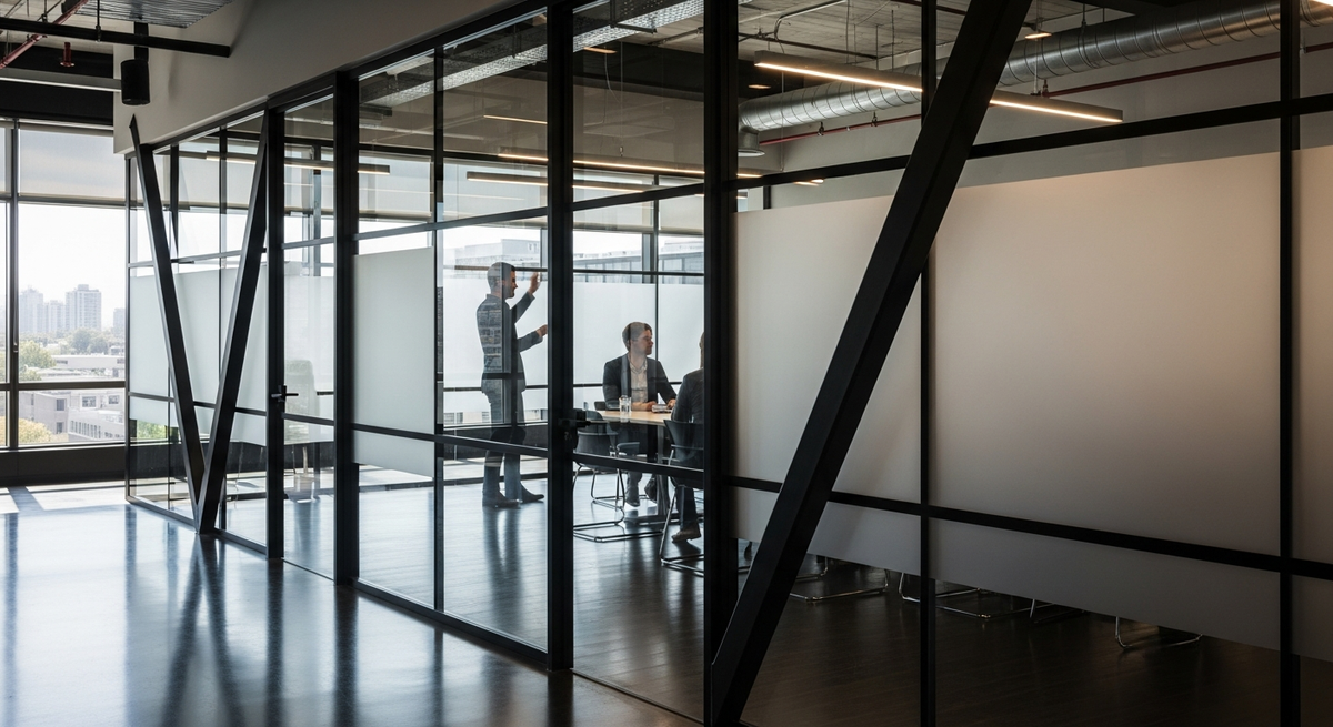 Silhouettes of creative professionals in a glass-walled meeting room with bright daylight streaming through