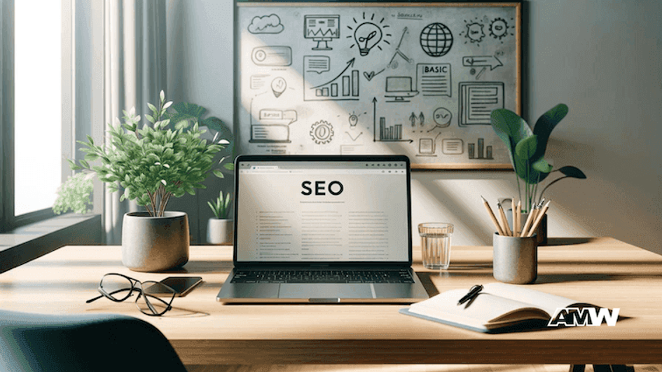 A laptop on a desk showing a page headed SEO, with a framed whiteboard of hand-drawn marketing icons on the wall behind