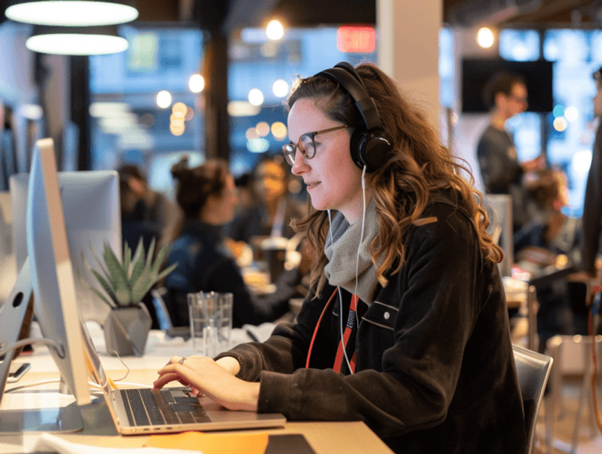 Woman working on laptop in modern office