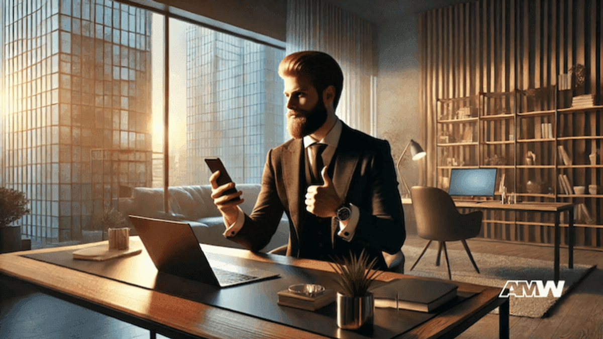 Businessman in office using phone and laptop.