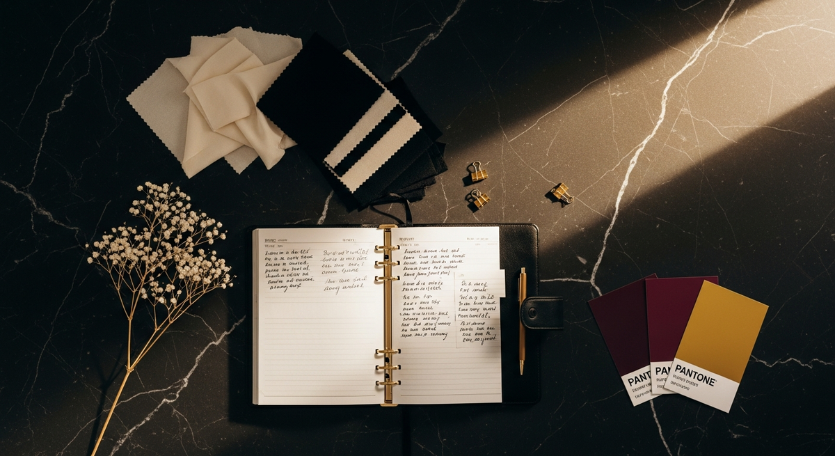 Event planning materials arranged on dark marble surface with fabric swatches and floral samples