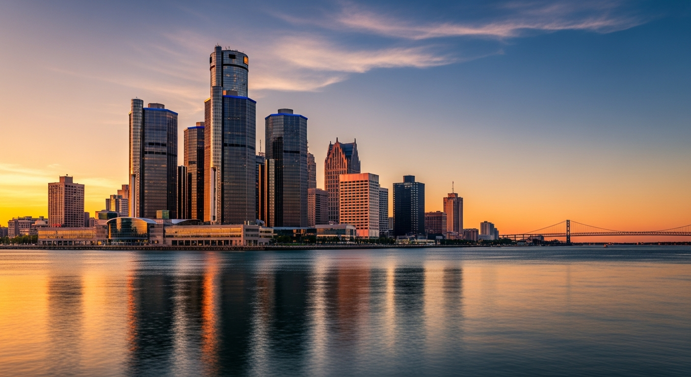 Detroit skyline at golden hour with Renaissance Center towers reflecting sunset over the Detroit River