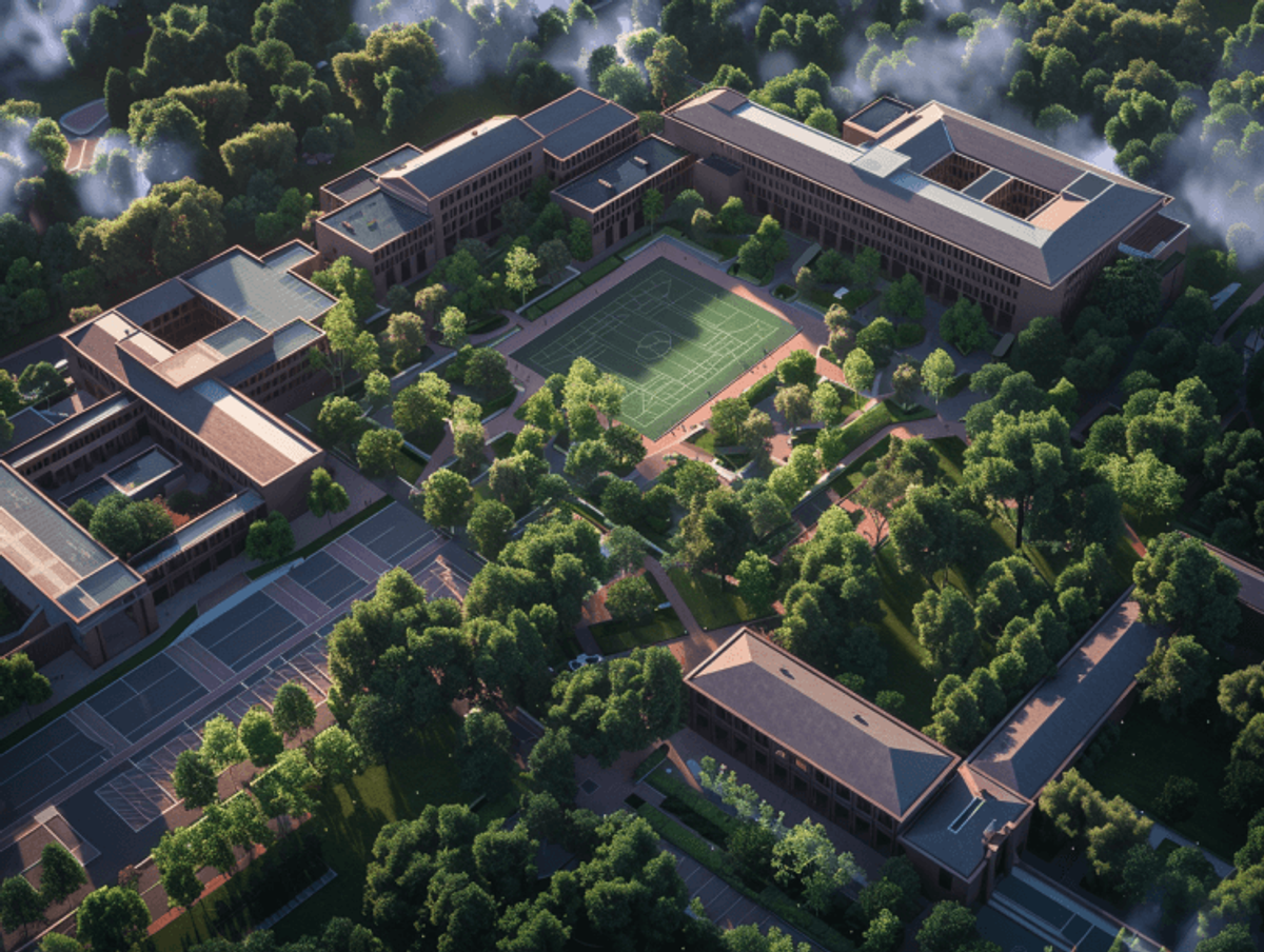 Aerial view of campus with sports field.