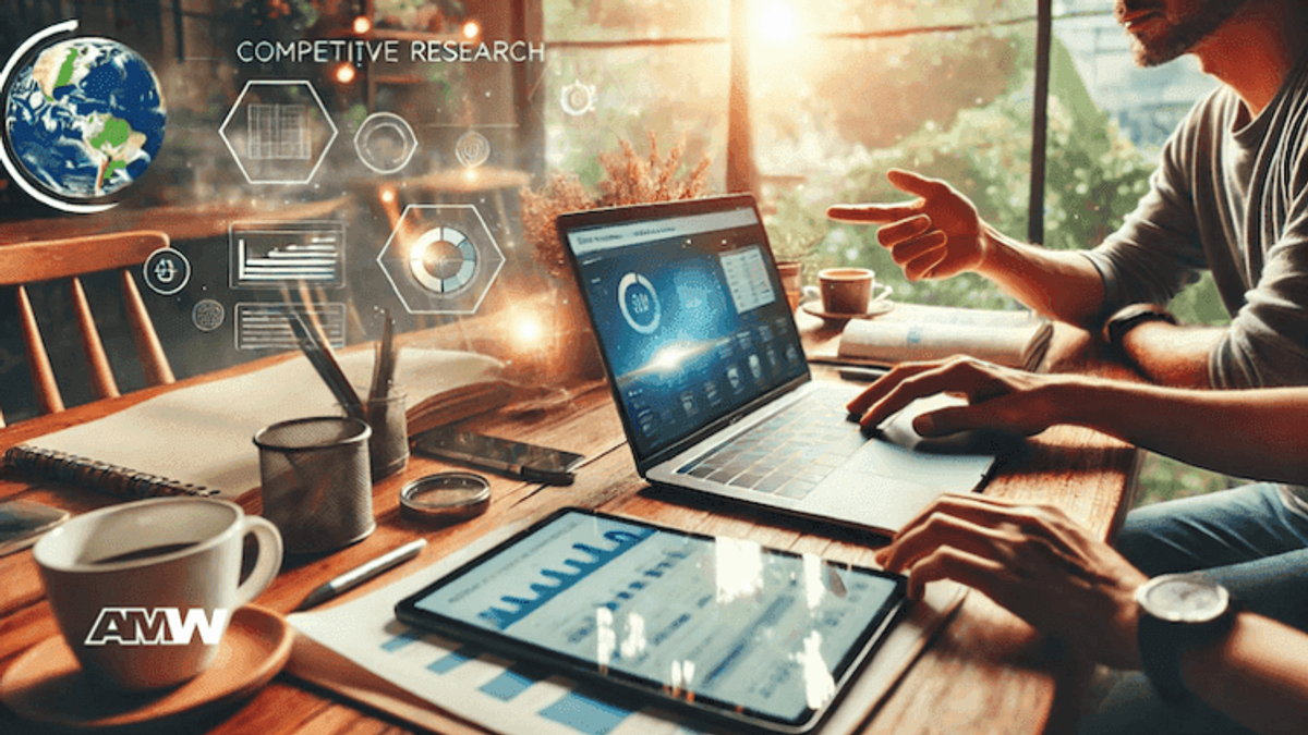 Two professionals working on competitive research.