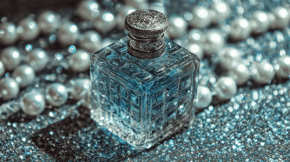 Elegant glass perfume bottle with pearls
