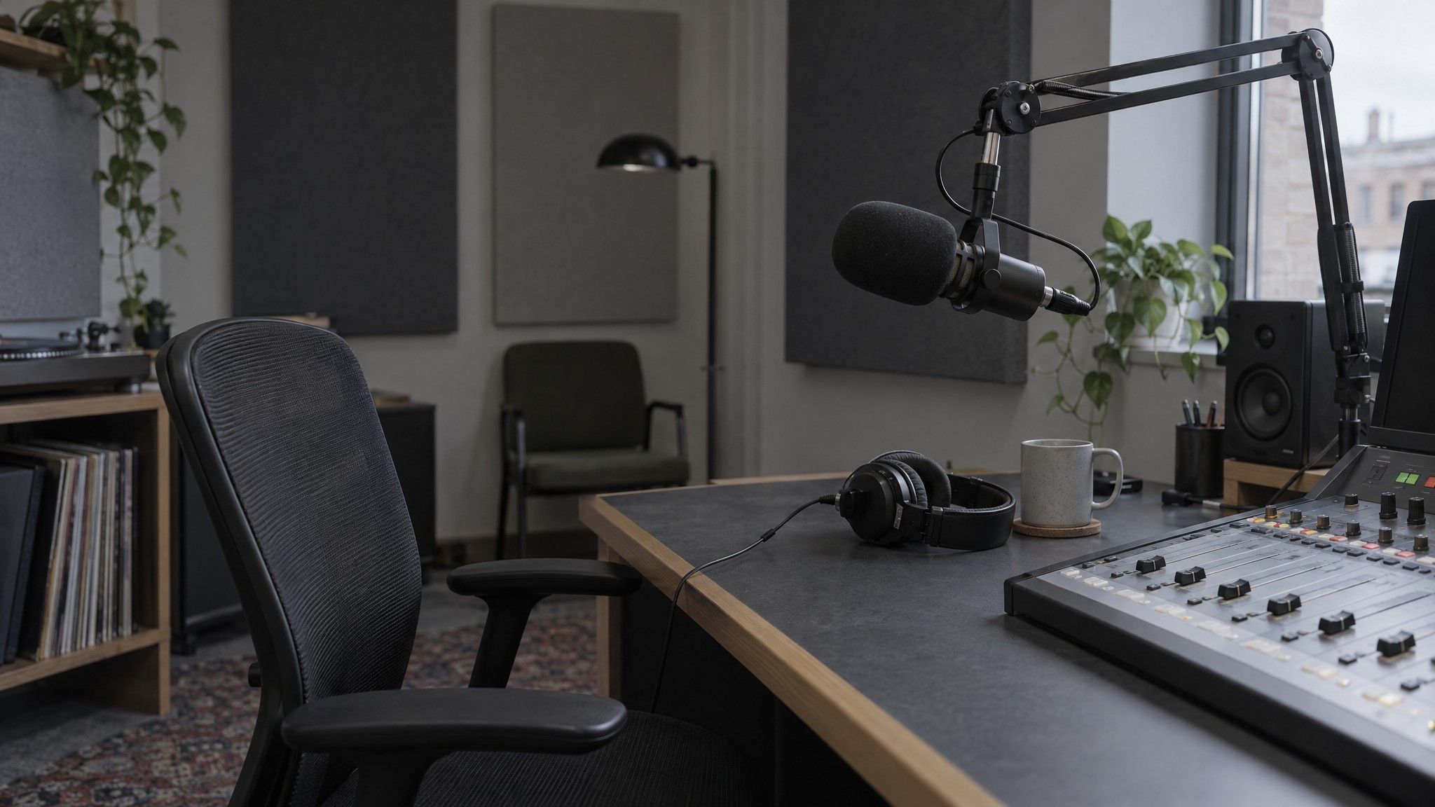 Empty radio studio with a microphone on a boom arm