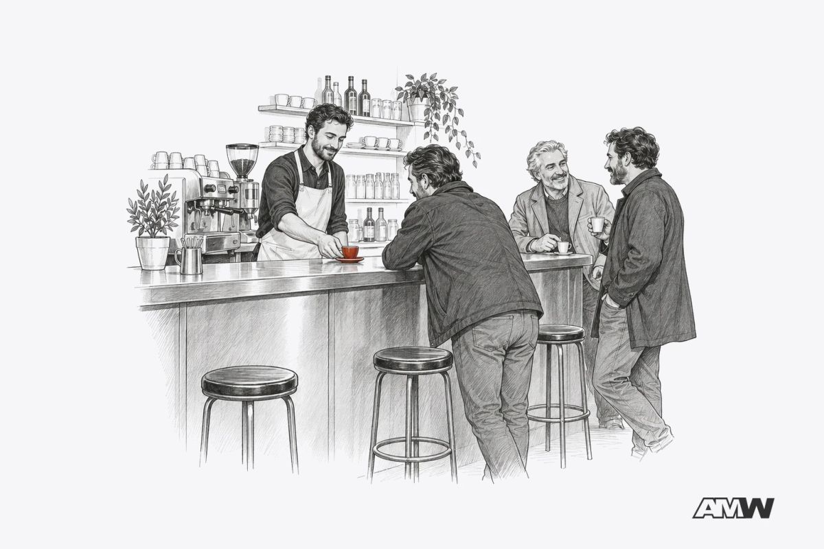 Pencil drawing of a barista handing an espresso to a regular at a standing bar