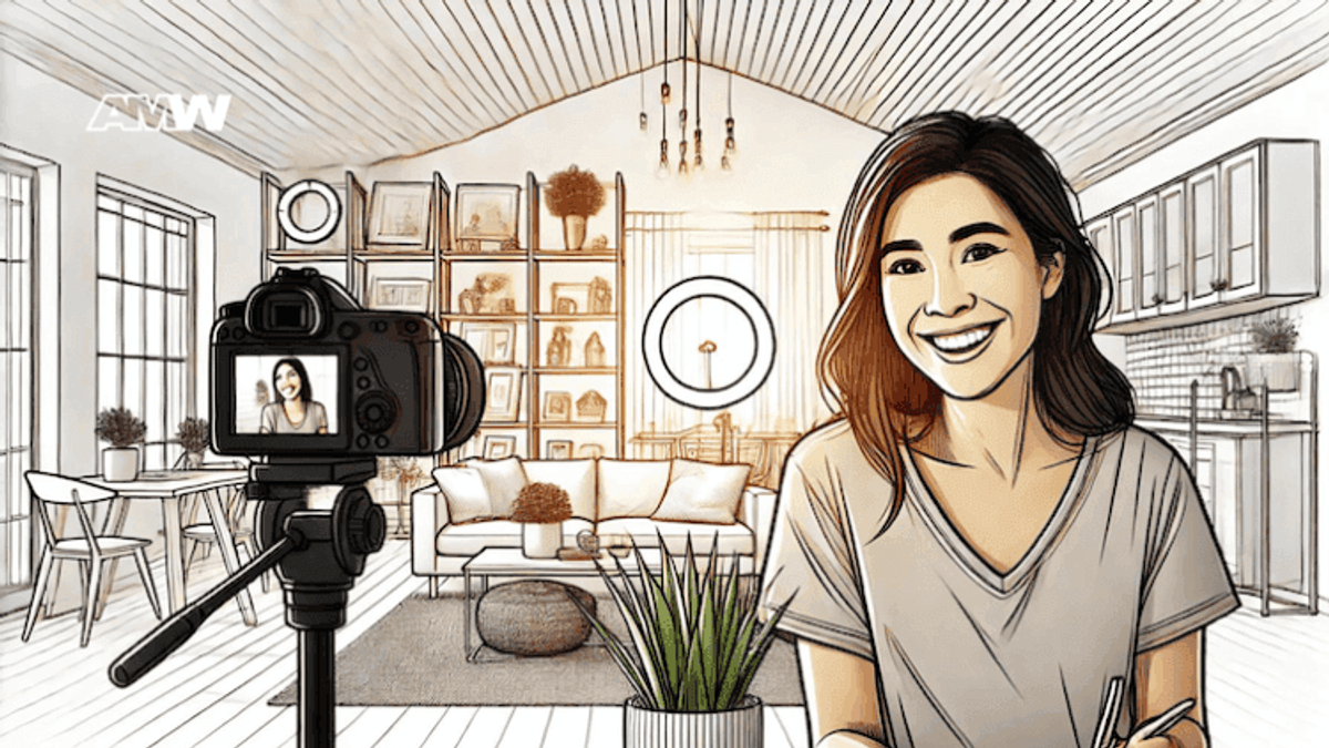 Woman smiling in front of camera in living room.