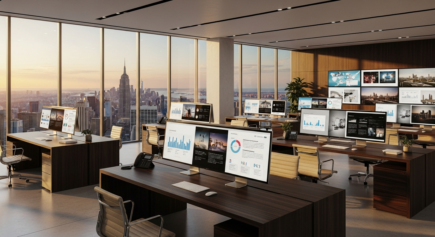 Premium digital PR workspace with city skyline view at golden hour