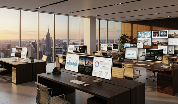 Premium digital PR workspace with city skyline view at golden hour